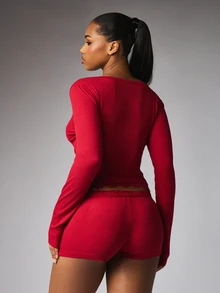 BABYPHAT Christmas Ribbed Knit Button Front Crop Top With Lace Trim Scoop Neck Long Sleeve Fitted Lounge Casual Style - Red - View 2