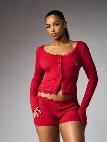 BABYPHAT Christmas Ribbed Knit Button Front Crop Top With Lace Trim Scoop Neck Long Sleeve Fitted Lounge Casual Style - Red - View 4