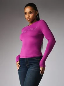 BABYPHAT ملابس علوية نسائية بأكمام طويلة وياقة دائرية مزينة بحروف وراينستون بقصة ضيقة - الأرجواني - مشاهدة 1