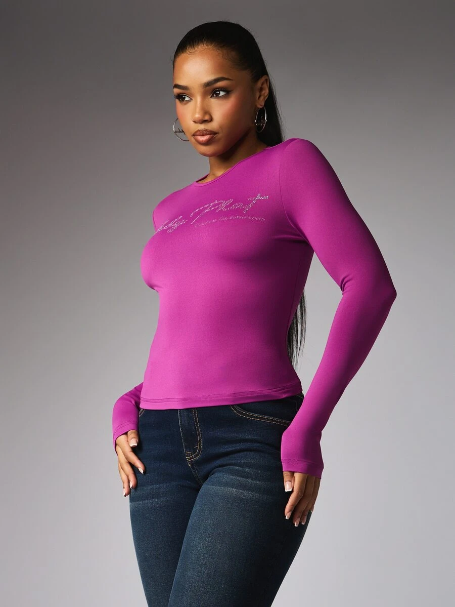 BABYPHAT ملابس علوية نسائية بأكمام طويلة وياقة دائرية مزينة بحروف وراينستون بقصة ضيقة - الأرجواني - مشاهدة 1