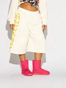 SUMWON WOMEN Cream Oversized Tattoo Graphic Wide Leg Bermuda Shorts With Panther Floral Print And Side Logo Text Detail - White - View 1
