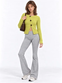 Zerodot Women Lime Green With Asymmetric Button Front Ribbed Knit Cardigan Casual Daily Fall Winter Pre Fall - Mustard Yellow - View 8