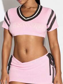 SUMWON WOMEN Varsity Style V-Neck Crop Knit Top With Contrast Stripe Detail And Rhinestone Text Chest Print Short Sleeve - Pink - View 5