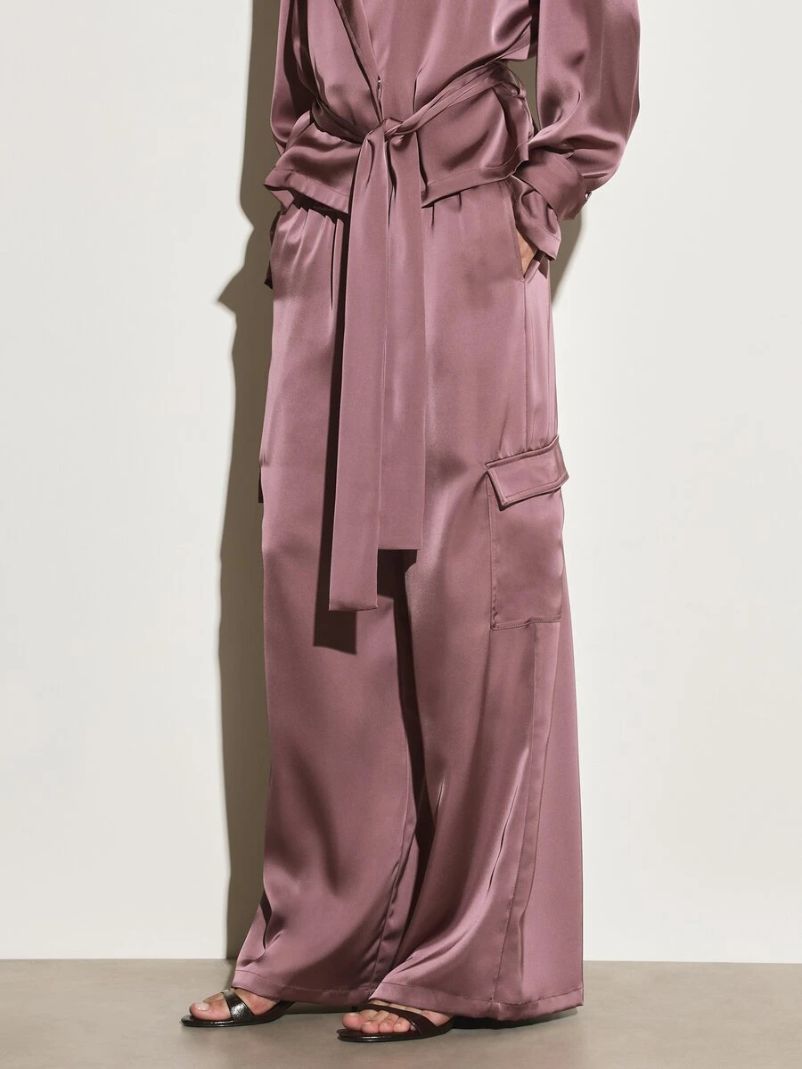 KSTM Satin Wide Leg Cargo Pants With Flap Pockets Full Length High Shine Fluid Drape Luxe Evening Casual Trousers - Purple - View 1