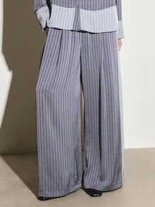 KSTM Wide Leg Striped Satin Trousers With Side Pockets Full Length High Waist Palazzo Style Casual Pants - Grey - View 4