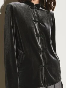 KSTM Velvet Mandarin Collar Jacket With Frog Button Closure Side Patch Pockets Long Sleeves Hip Length Regular Fit Evening Jacket Party - Dark Grey - View 5