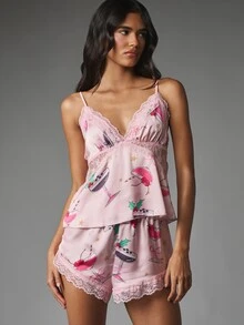 MISSGUIDED Christmas Print Satin Cami And Shorts Pajama Set With Lace Trim Plunge Neckline Festive Lounge Co-Ord - Pink - View 1