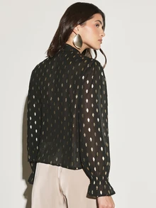 KSTM Sheer Chiffon Long Sleeve Blouse With Gold Foil Geometric Print Tie Neck And Ruffle Cuffs Festive Evening Top - Black and Gold - View 2