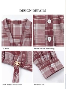 ELLERISSA Red And White Check V-Neck Drop Shoulder Balloon Sleeve Button Front Tie Bubble Hem Fall Shirt - Red and White - View 7