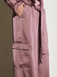KSTM Satin Wide Leg Cargo Pants With Flap Pockets Full Length High Shine Fluid Drape Luxe Evening Casual Trousers - Purple - View 5