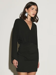 KSTM V-Neck Batwing Long Sleeve Mini Bodycon Dress With Elastic Waist And Ruched Skirt For Night Out - Black - View 4