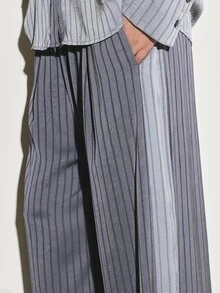 KSTM Wide Leg Striped Satin Trousers With Side Pockets Full Length High Waist Palazzo Style Casual Pants - Grey - View 5