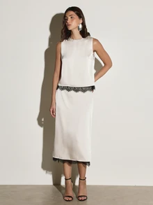 KSTM Satin Sleeveless Blouse With Black Lace Trim Hem Crew Neck Back Keyhole Elegant Evening Top Party - Beige - View 3