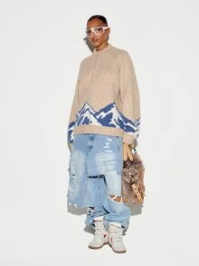 SUMWON WOMEN Oversized Zip-Up High Neck Sweater Knit Cardigan With Mountain Intarsia Hem And Apres No Regrets Back Graphic - Beige - View 3
