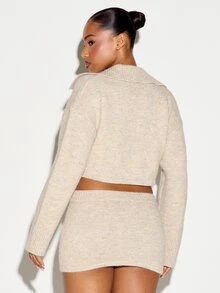 SUMWON WOMEN Crop Collared Sweater Knit Cardigan With Deep V Plunge Neckline Rhinestone Clasp Detail And Long Boxy Sleeves - White - View 2