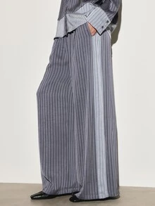 KSTM Wide Leg Striped Satin Trousers With Side Pockets Full Length High Waist Palazzo Style Casual Pants - Grey - View 1