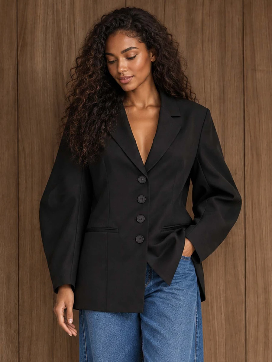 ELLERISSA Black Notched Lapel Button Front Oversized Cocoon Sleeve Fall ...