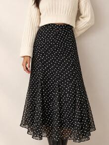 ELLERISSA Black And White Polka Dot Sheer Godet Chiffon Midi Skirt - Black - View 6