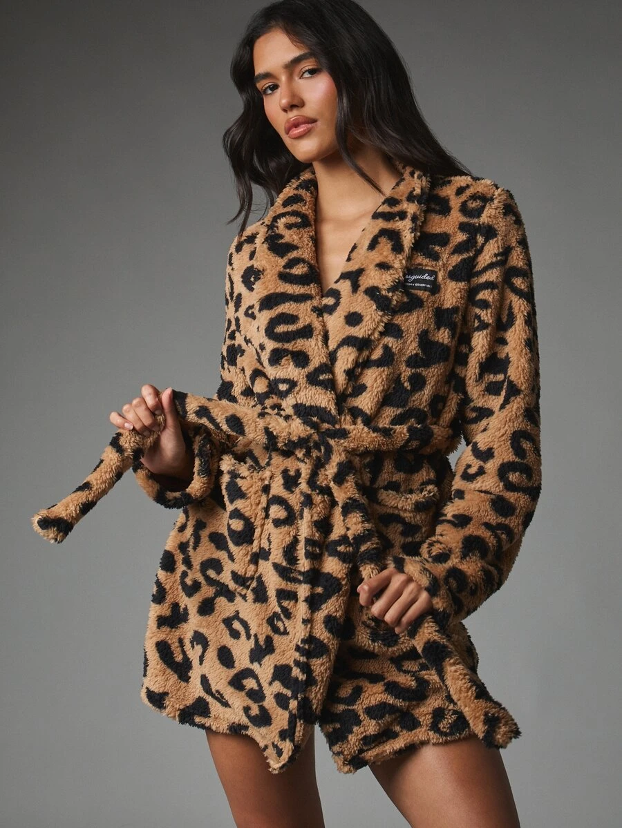 MISSGUIDED Leopard Print Fluffy Fleece Short Dressing Gown With Belt Tie Waist Shawl Collar Long Sleeve Loungewear Robe - Multicolor - View 1