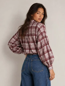 ELLERISSA Red And White Check V-Neck Drop Shoulder Balloon Sleeve Button Front Tie Bubble Hem Fall Shirt - Red and White - View 2