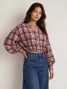 ELLERISSA Red And White Check V-Neck Drop Shoulder Balloon Sleeve Button Front Tie Bubble Hem Fall Shirt - Red and White - View 3