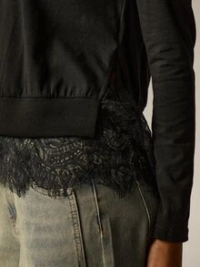 AiiRZ Long Sleeve Crew Neck Top With Lace Hem Trim And Ribbed Waistband Casual Everyday Layered Style - Black - View 2