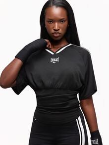EVERLAST  SUMWON Mesh V-Neck Crop Top With Contrast Stripe Detail And Ruched Waist Panel For Everyday Casual Wear - Black - View 6