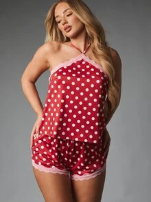 MISSGUIDED Satin Polka Dot Halter Neck Cami And Shorts Pajama Set With Pink Lace Trim Lounge Co-Ord Two Piece - Red and White - View 4
