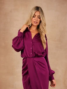 Dancing Leopard Purple Satin Wrap Ruched Collared Midi Dress, Evening Party Outfit - Purple - View 5