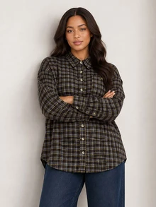 ELLERISSA Plus Size Dark Navy Brown And White Plaid Plus Size Long Sleeve Button Front Shirt With Chest Pocket - Multicolor - View 6