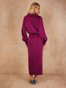 Dancing Leopard Purple Satin Wrap Ruched Collared Midi Dress, Evening Party Outfit - Purple - View 2