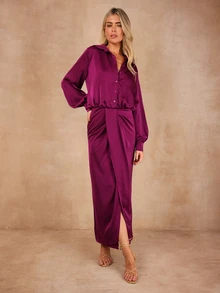 Dancing Leopard Purple Satin Wrap Ruched Collared Midi Dress, Evening Party Outfit - Purple - View 1