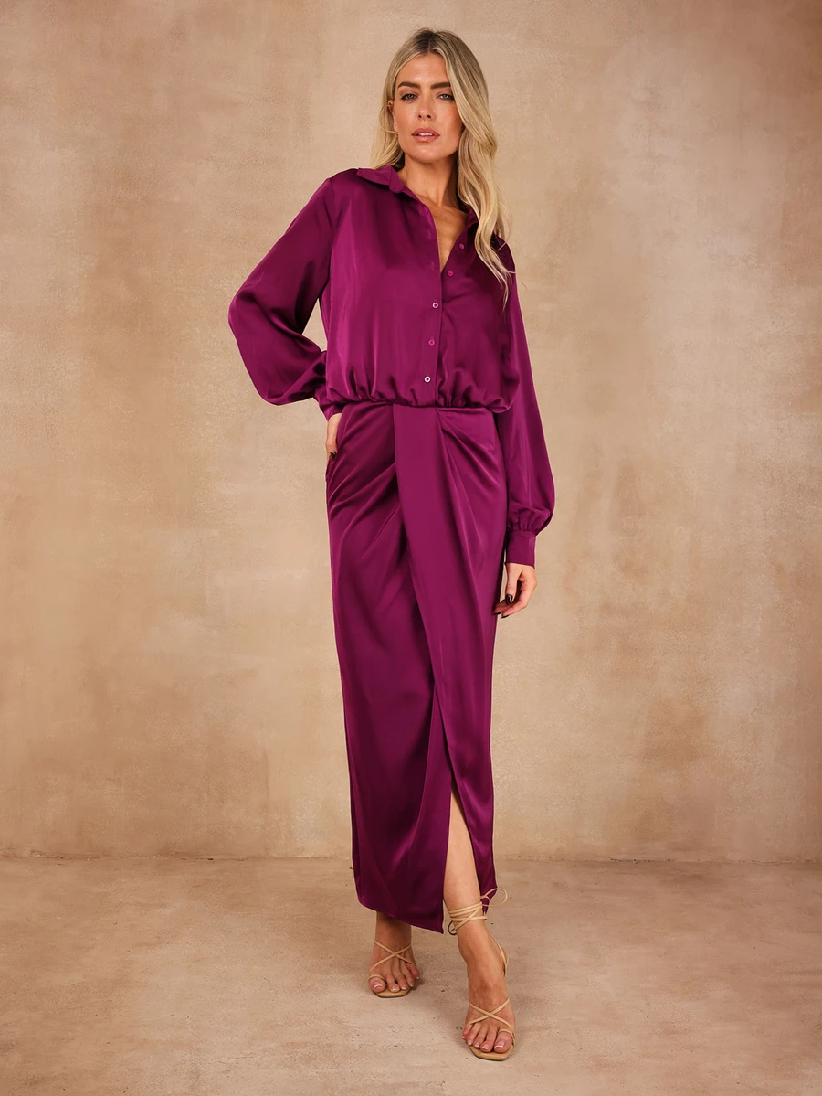 Dancing Leopard Purple Satin Wrap Ruched Collared Midi Dress, Evening Party Outfit - Purple - View 1