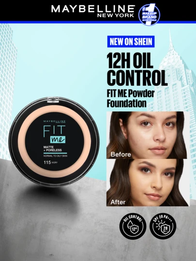 Maybelline بودرة مطفأة + مسامية، 115 عاجي، بودرة مطفأة، تغطية كاملة، أساس، 0.42 أونصة/12 جرام - مطفأة، بودرة، أساس، قاعدة مكياج، طويلة الأمد