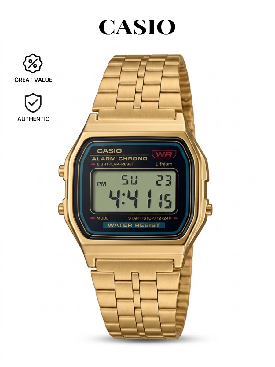 Casio Đồng hồ nữ Collection A159WGEA, Đen/Vàng, 36.8 x 33.2 x 8.2 mm, Dây đeo kim loại - Black/Gold - Xem 1