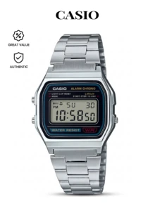 Đồng hồ kỹ thuật số  A158WA Series | Unisex | Màu bạc/đen | Phong cách cổ điển | Chống nước | Đồng hồ bấm giờ 100 giây | Báo thức hàng ngày | Hiển thị giờ, phút, giây, chiều, ngày, thứ | Đèn LED | Pin 7 năm - Bạc - Xem 1