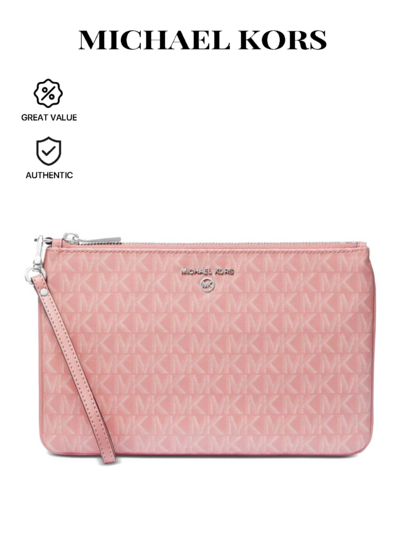 Michael Kors Jet Set Charm Women's Nylon Leather Trim Wristlet Clutch Large Zip Smartphone Pocket 6 Card Slots Primrose Pink 32S3ST9W3V Evening Party Fall