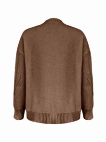 SHEIN Women's Casual Everyday Cable Knit Button Front Loose Cardigan, Autumn/Winter Fall Cloth For Women - Coffee Brown - View 2