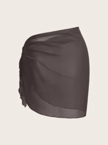 Swim Basics Women's Summer Vacation Beach Solid Color Side Knot Cover Up Sarong Skirt - Brown - View 2