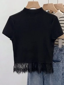 Franclia Atasan Rajut Wanita Warna Polos dengan Motif Renda dan Tambal Sulam - Hitam - View 2