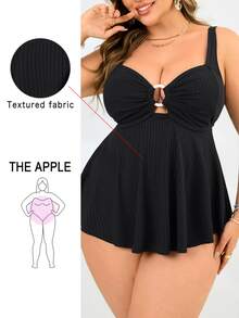 SHEIN Swim Curve 2件組大尺碼女款黑色極簡主義平口比基尼上衣與高腰三角泳褲，夏季度假泳裝 - 黑色 - 查看 1