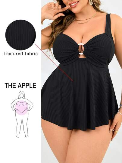 SHEIN Swim Curve 2pcs Plus Size Women Black Minimalist Bandeau & High Waist Triangle Bottom Bikini, Vacation Swimwear For Summer
