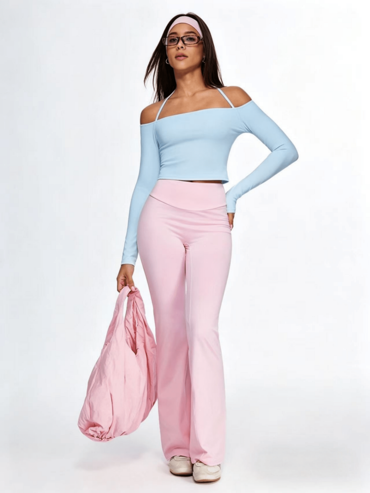 Eassivo Eassivo Solid Color Halter Sleeveless Off-Shoulder Long Sleeve Sports T-Shirt Yoga Top - Blue - View 6