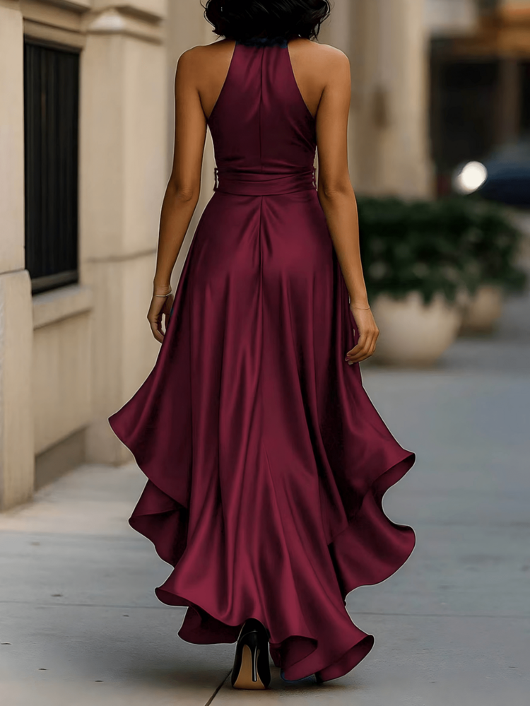 SHEIN LUNE Women's Midnight Elegant Satin Backless Sleeveless Ruffle Dress, Suitable For Evening Parties, Festivals, And Everyday Wear. - Burgundy - View 2
