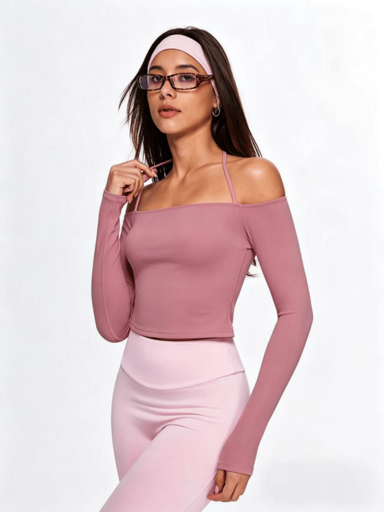 Eassivo Eassivo Women's Solid Color Off Shoulder Halter Neck Yoga T-Shirt - Coral Pink - View 6