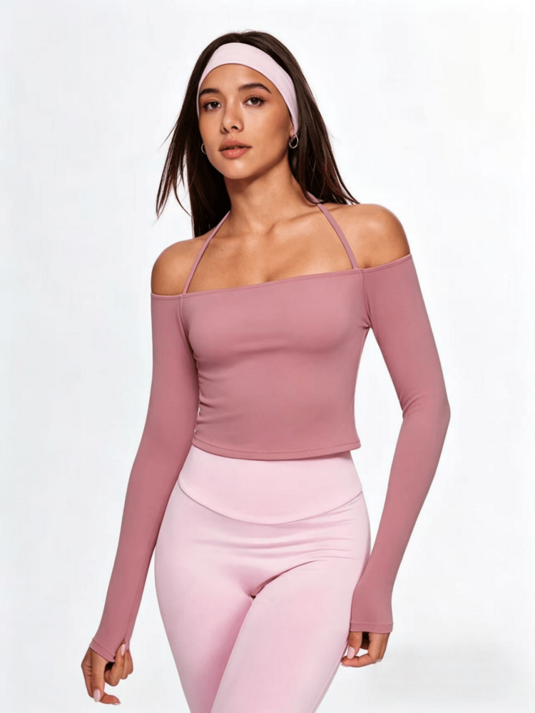 Eassivo Eassivo Women's Solid Color Off Shoulder Halter Neck Yoga T-Shirt - Coral Pink - View 3