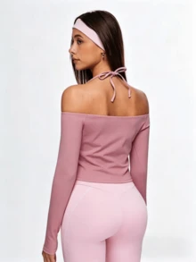 Eassivo Eassivo Women's Solid Color Off Shoulder Halter Neck Yoga T-Shirt - Coral Pink - View 4