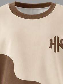 1 Set HK Letter Print Brown And Apricot Color Block Boys Toddler Long Sleeve Sweatshirt And Jogger Cargo Pants Outfit - Multicolor - View 3