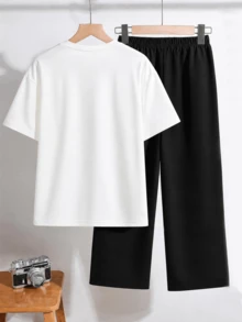 SHEIN 青少年男孩字母印花短袖T恤與長褲休閒日常2件套 - 彩色 - 查看 2