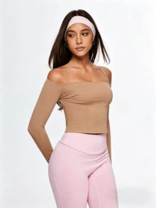 Eassivo Eassivo Solid Color Off-Shoulder Halter Neck Sports T-Shirt - Camel - View 4